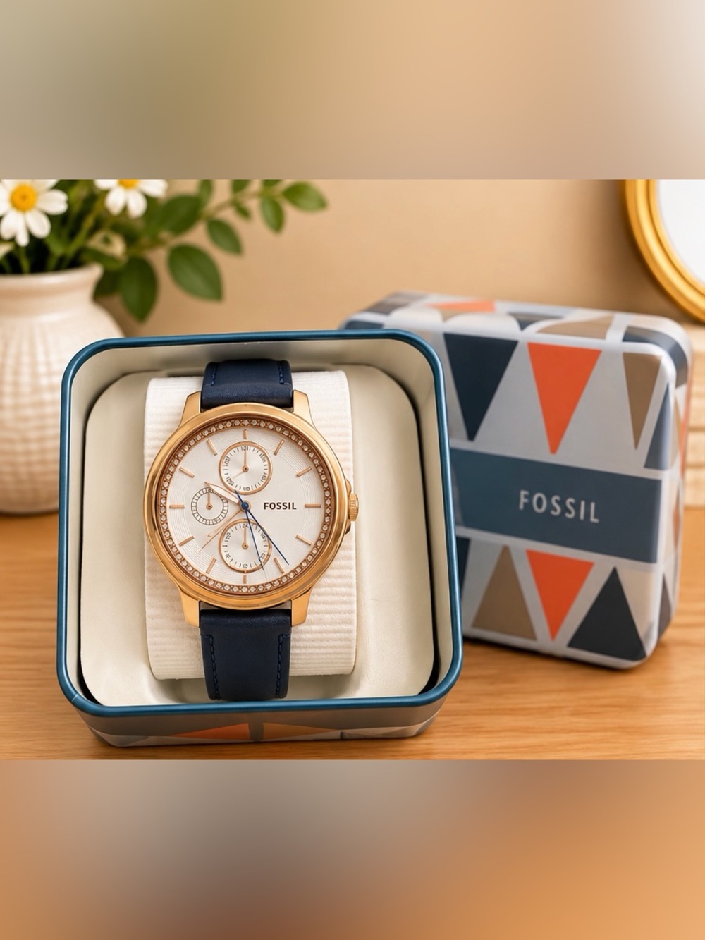 Fossil Chelsey ES3832 Rose Gold Crystal Navy Leather Watch NWT